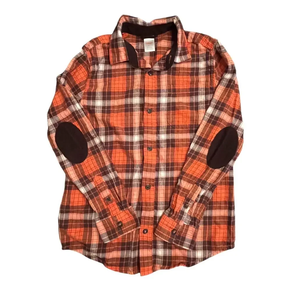 Gymboree VGUC Orange Tartan Flannel with Professor Patches. Size 12